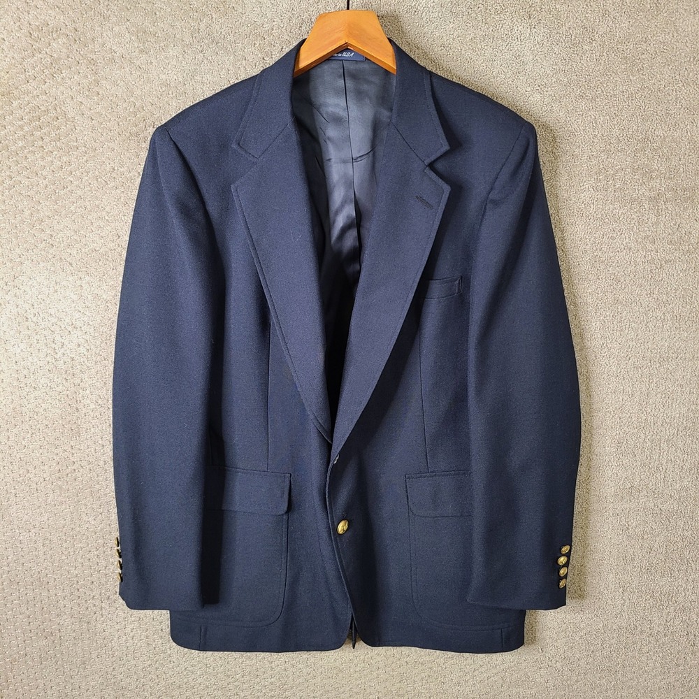 Vintage Stanley Blacker Jacket Mens 44L Blue Sport Coat Gold Buttons Made in USA